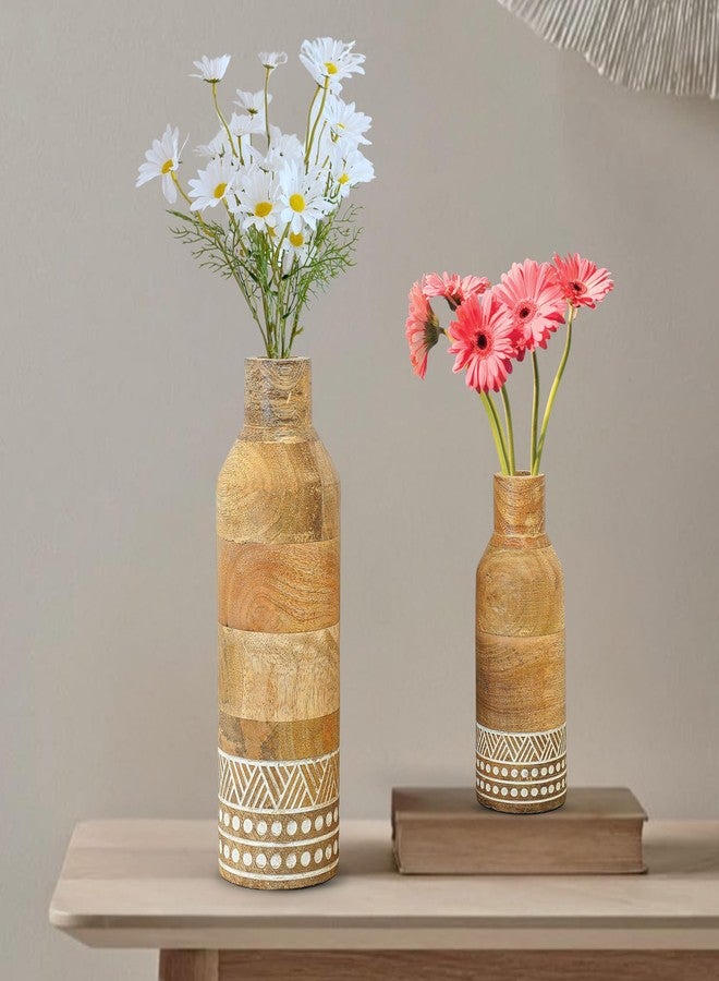 Behoma Boho Engraved Design Wooden Flower Vase Set of 2, Bottle Shape Mango Wood Vases for Flowers for Decor Home Living Room Kitchen Office, Natural Light Brown Finish | Height - 23 cm & 15 cm - Image 1